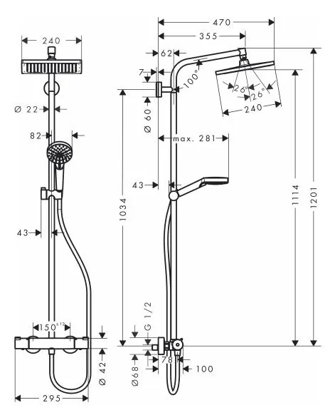 Габаритная схема Душевая стойка Hansgrohe Crometta Е 27271000