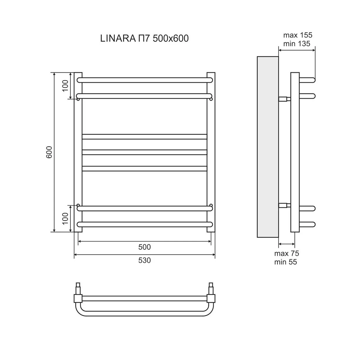 Габаритная схема Полотенцесушитель водяной Lemark Linara П7 50x60