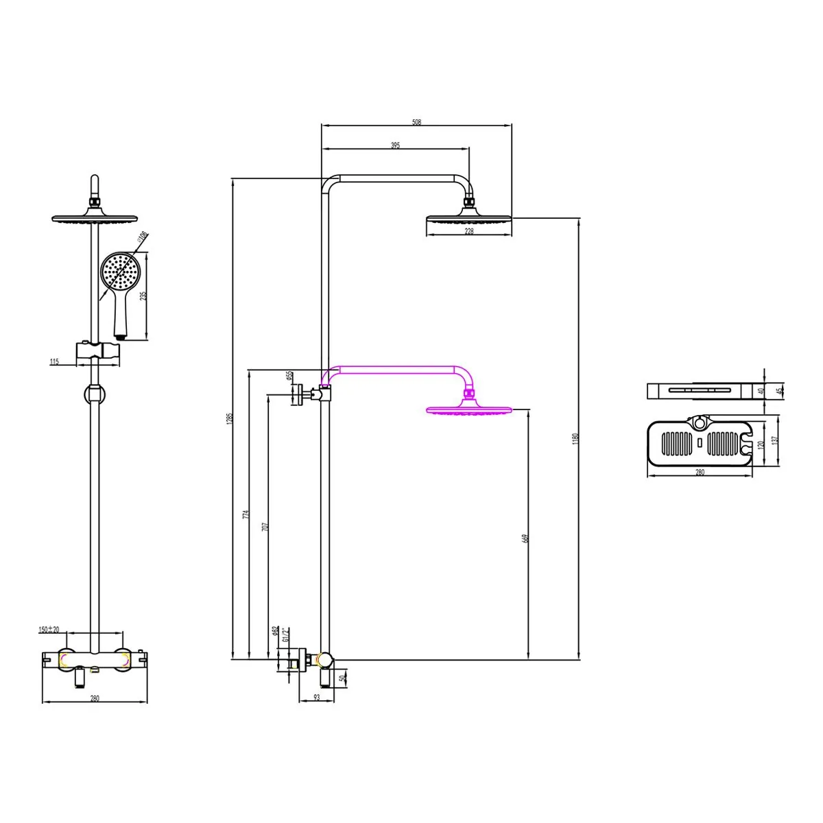 Габаритная схема Душевая стойка Lemark Tropic LM7010C