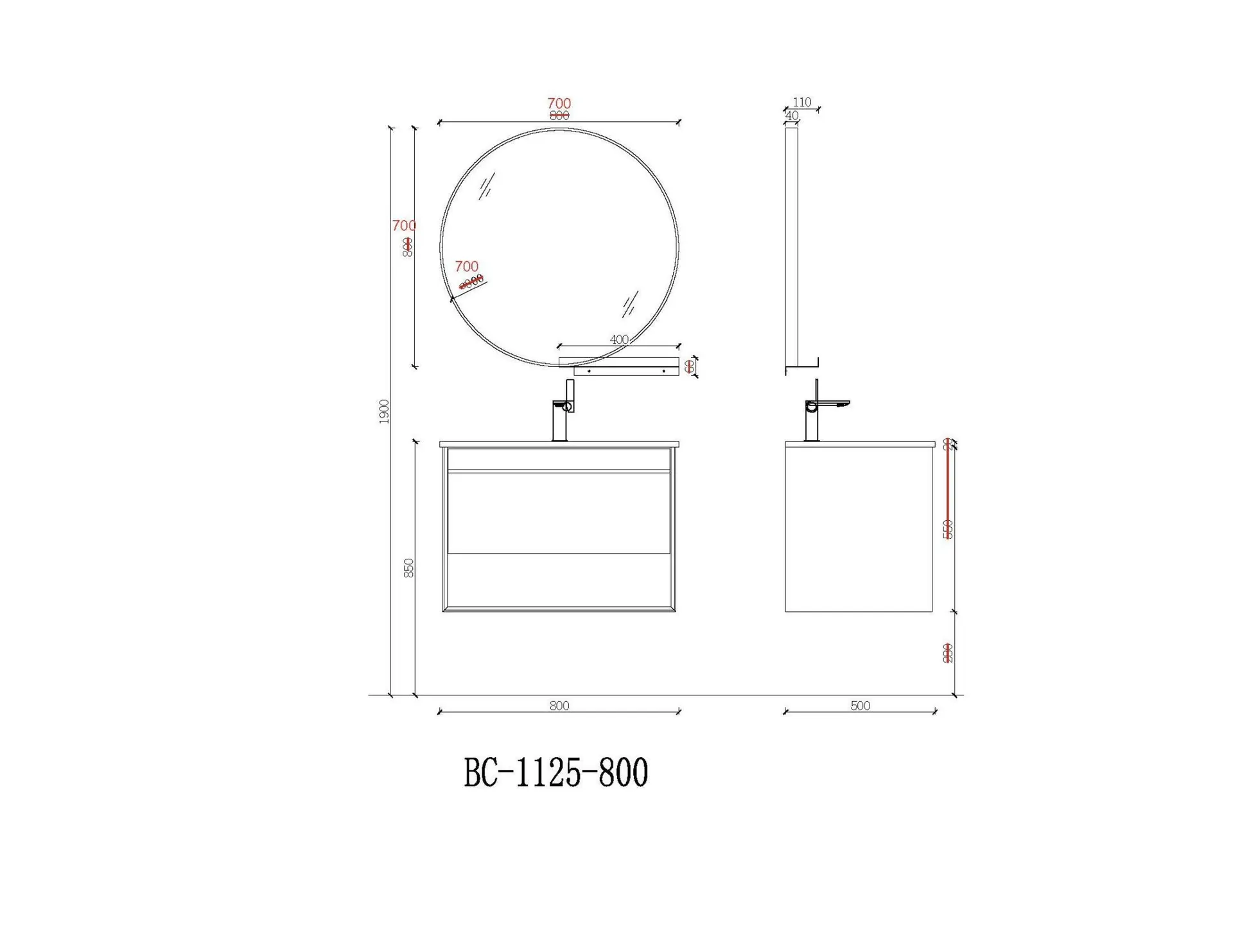 Габаритная схема Тумба с раковиной Orans BC-1125-800 80 серый