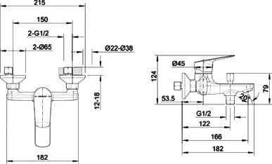 Габаритная схема Смеситель Bravat Rhein F6429564CP-01-ENG для ванны с душем