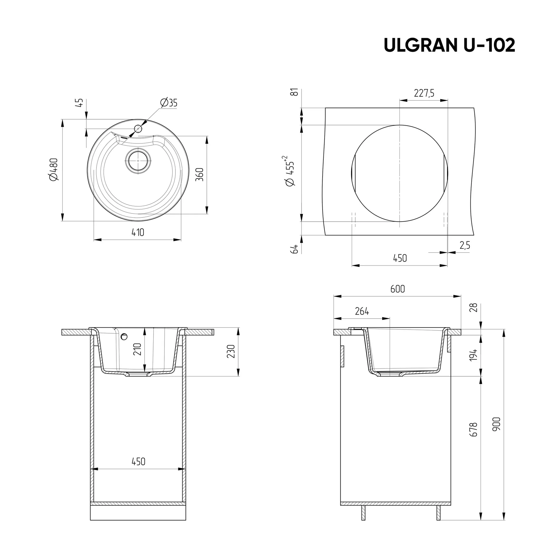Габаритная схема Мойка кухонная Ulgran U-102-328 бежевый