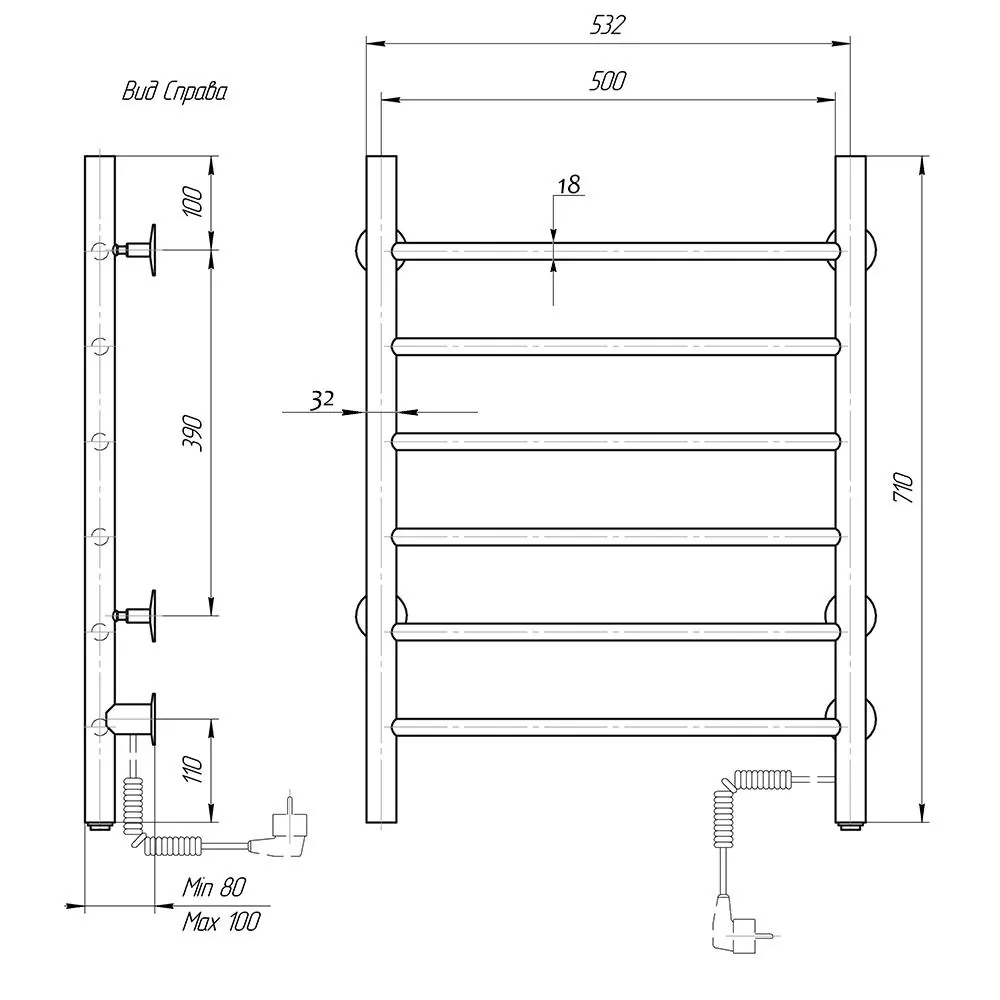 Габаритная схема Полотенцесушитель электрический Domoterm Аврора П6 50x70 R