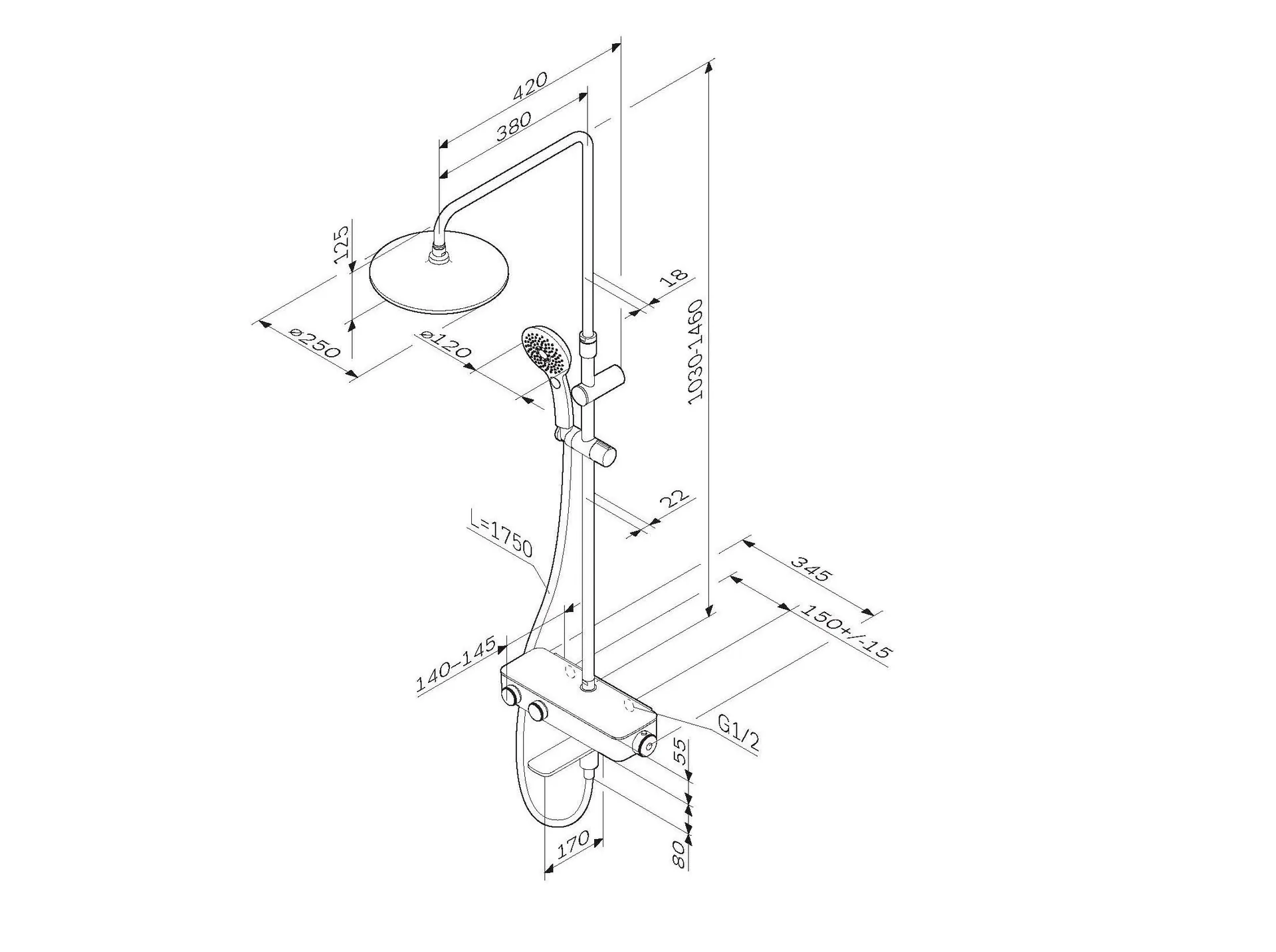 Габаритная схема Душевая стойка AM.PM Inspire 2.0 F0750A500