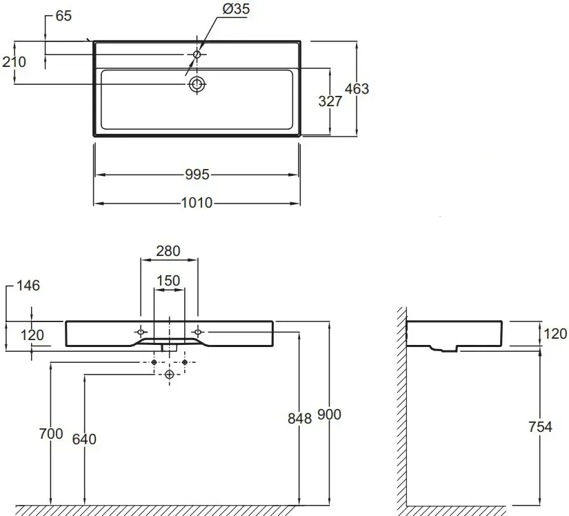 Габаритная схема Раковина Jacob Delafon Vivienne EXBJ112-00 100 см