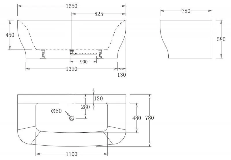 Габаритная схема Акриловая ванна BelBagno BB74-NERO-W0 165х78