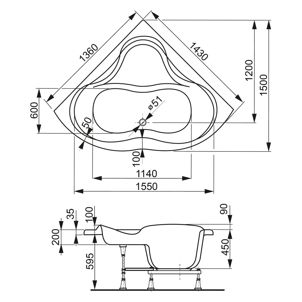 Габаритная схема Акриловая ванна Vagnerplast Iris 143х143