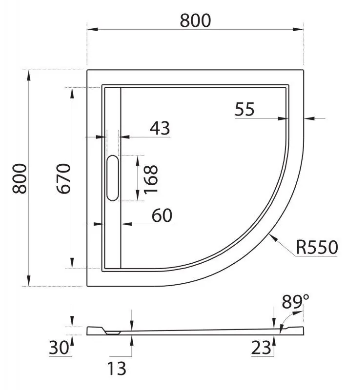 Габаритная схема Поддон для душа Cezares TRAY-AS-R-80-30-W
