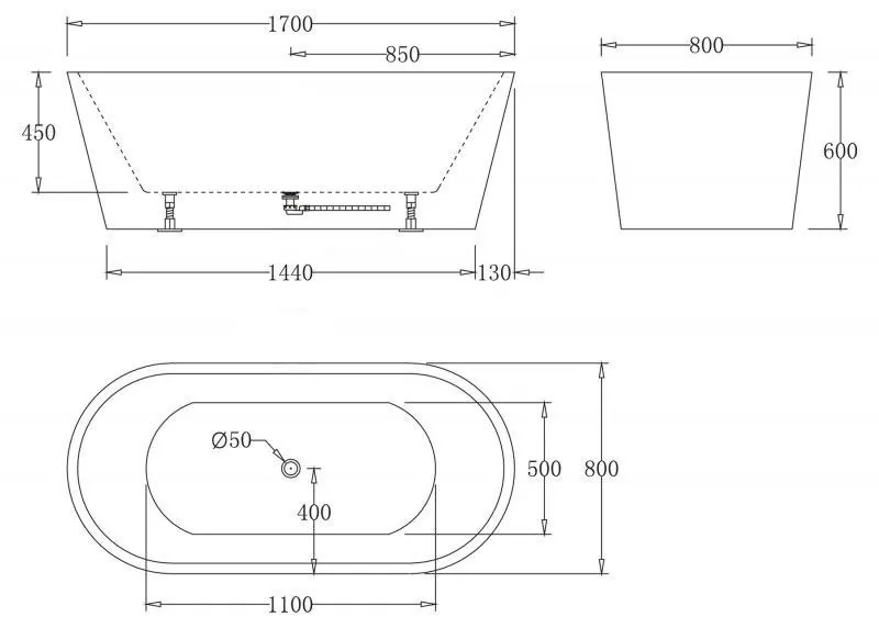 Габаритная схема Акриловая ванна BelBagno BB71-1700-W0 170х80