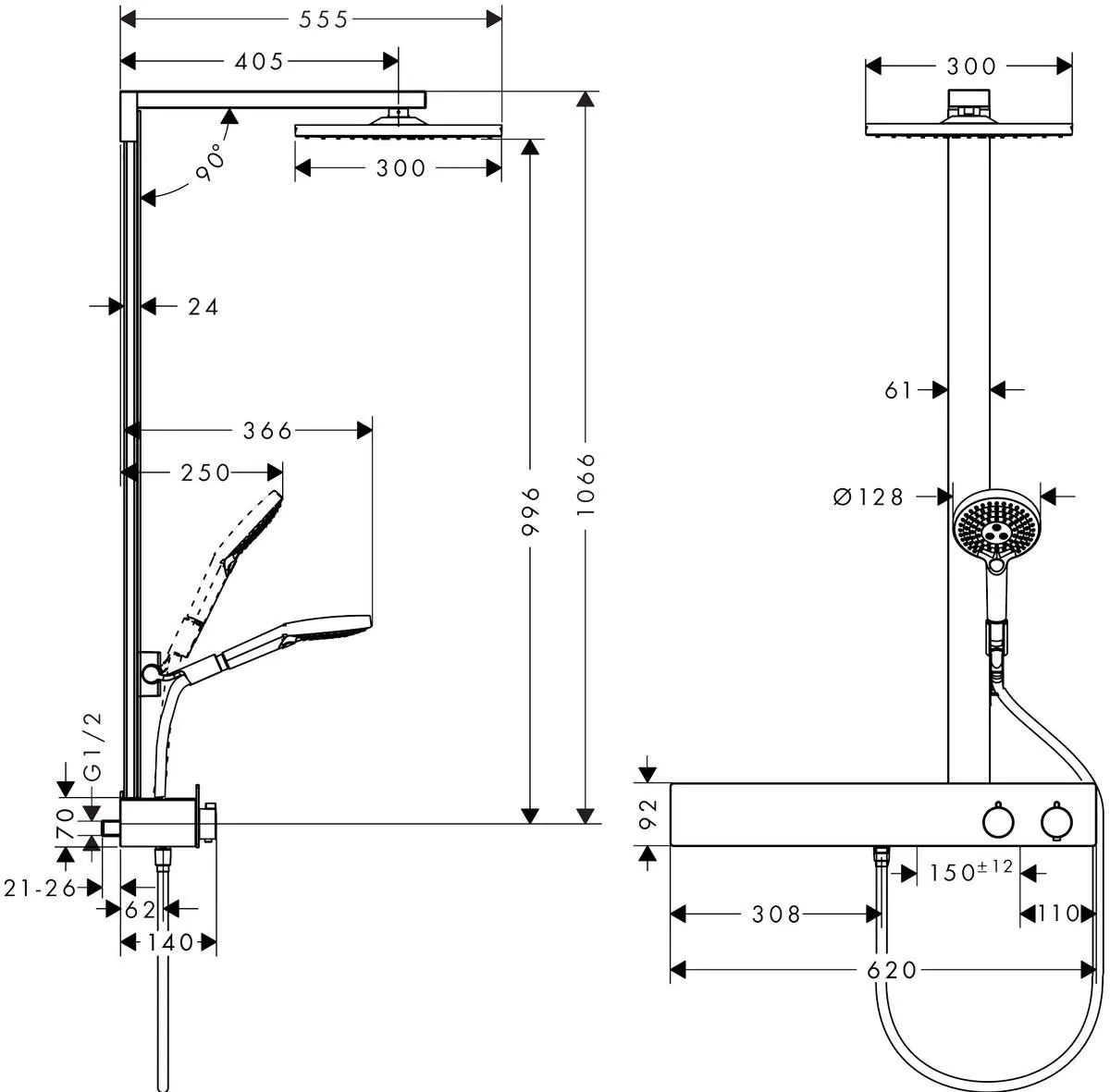 Габаритная схема Душевая стойка Hansgrohe Raindance E 27363000