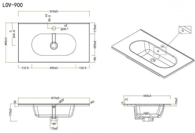 Габаритная схема Мебельная раковина BelBagno Love LOV-900-LVB 90 см