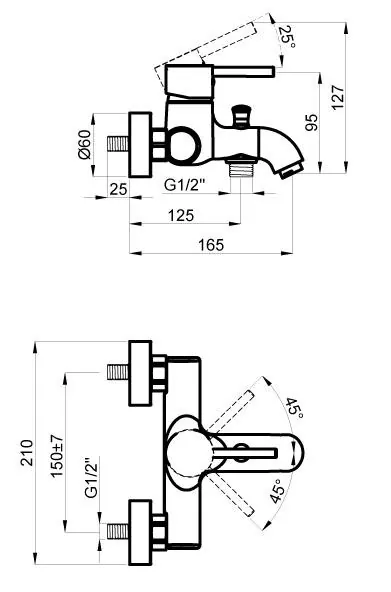Габаритная схема Смеситель Azario Tasco AZ15160511 для ванны с душем