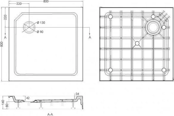 Габаритная схема Поддон для душа Cezares Tray SMC A 80x80 см