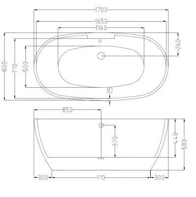 Габаритная схема Акриловая ванна Esbano Rome-SM ESVAROMESM 170x80