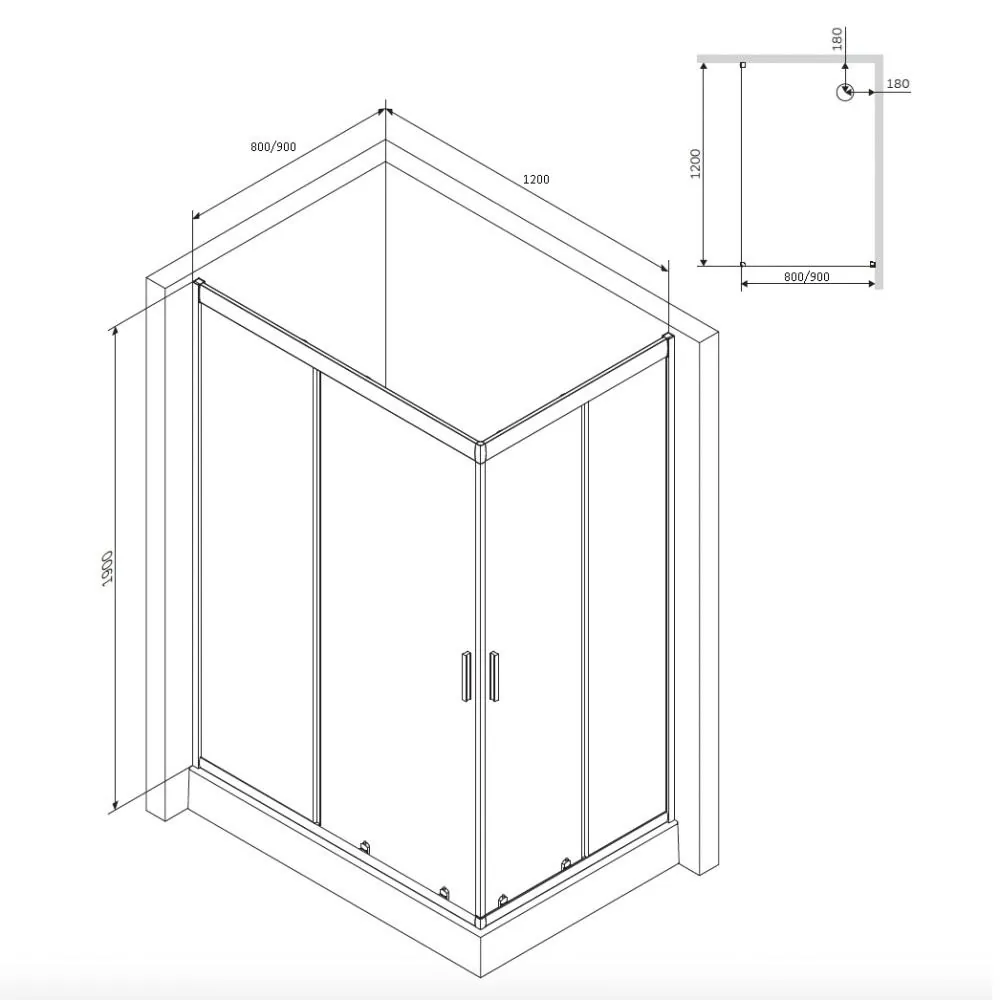 Габаритная схема Душевой уголок AM.PM Gem W90G-404-120290-MT