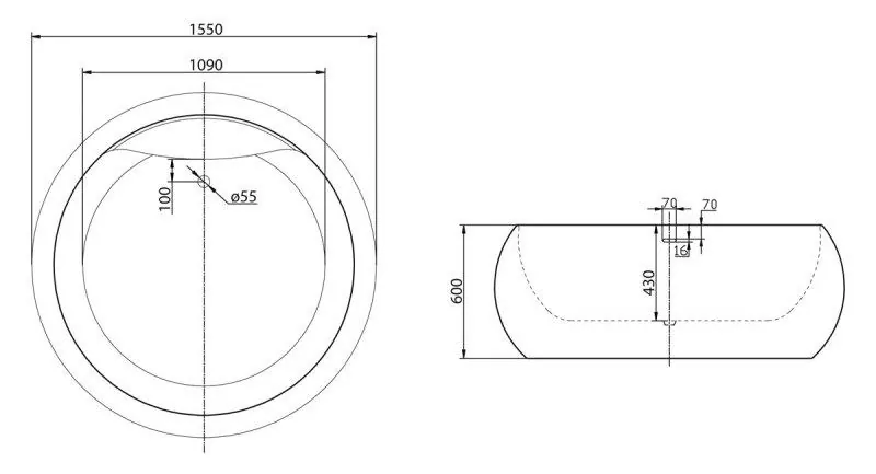 Габаритная схема Акриловая ванна BelBagno BB30-1550 155х155