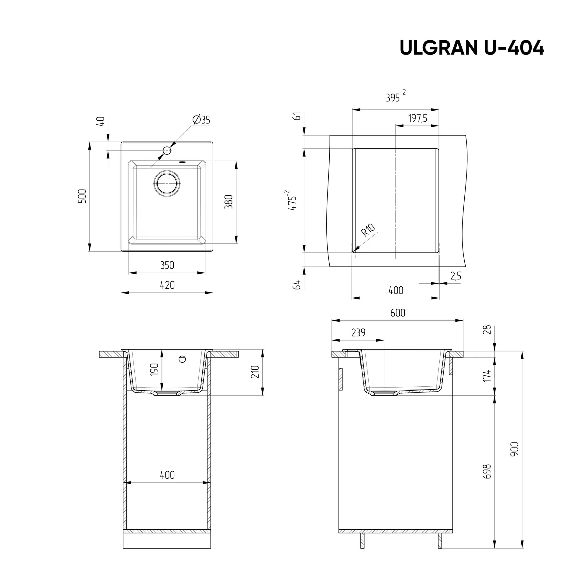 Габаритная схема Мойка кухонная Ulgran U-404-328 бежевый