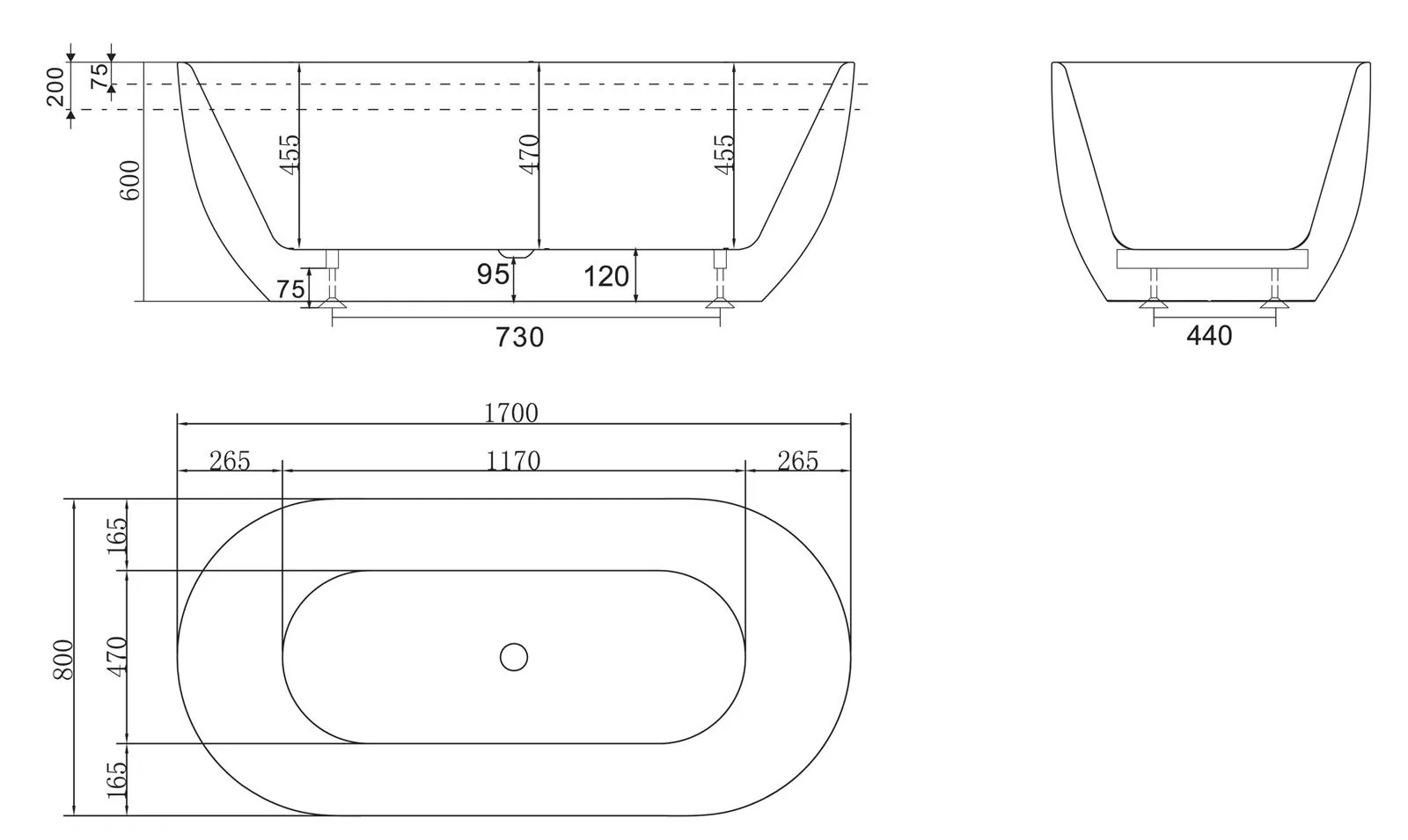 Габаритная схема Акриловая ванна BelBagno BB70-1700-800-W/NM 170х80