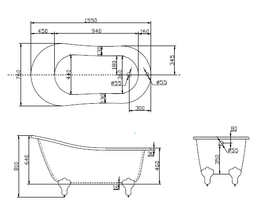 Габаритная схема Акриловая ванна BelBagno BB06-1550 155х75