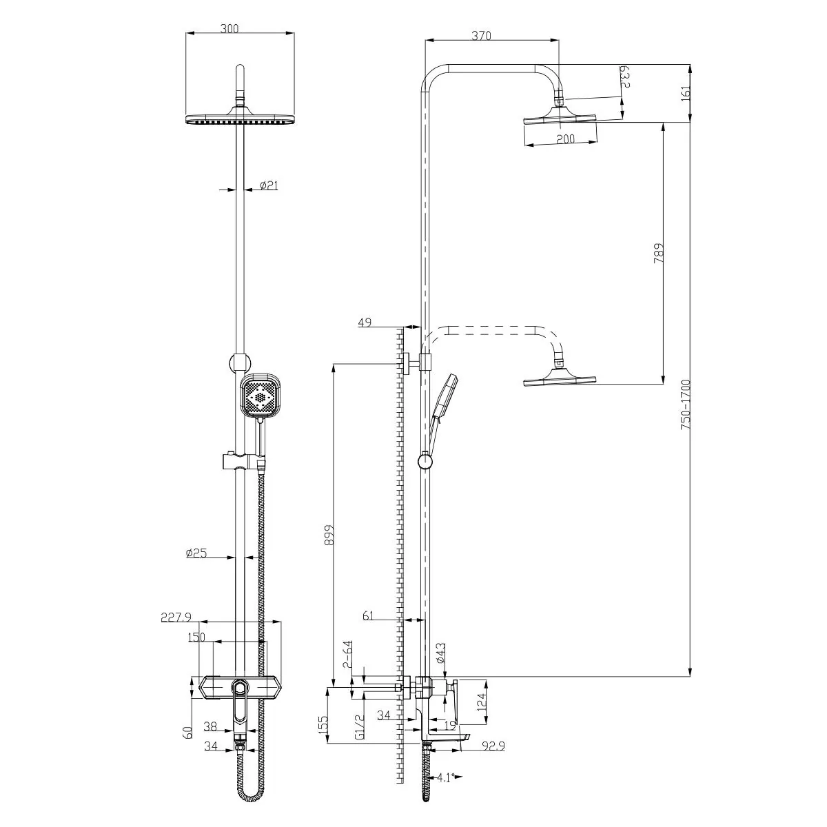 Габаритная схема Душевая стойка Lemark Prizma LM3962C