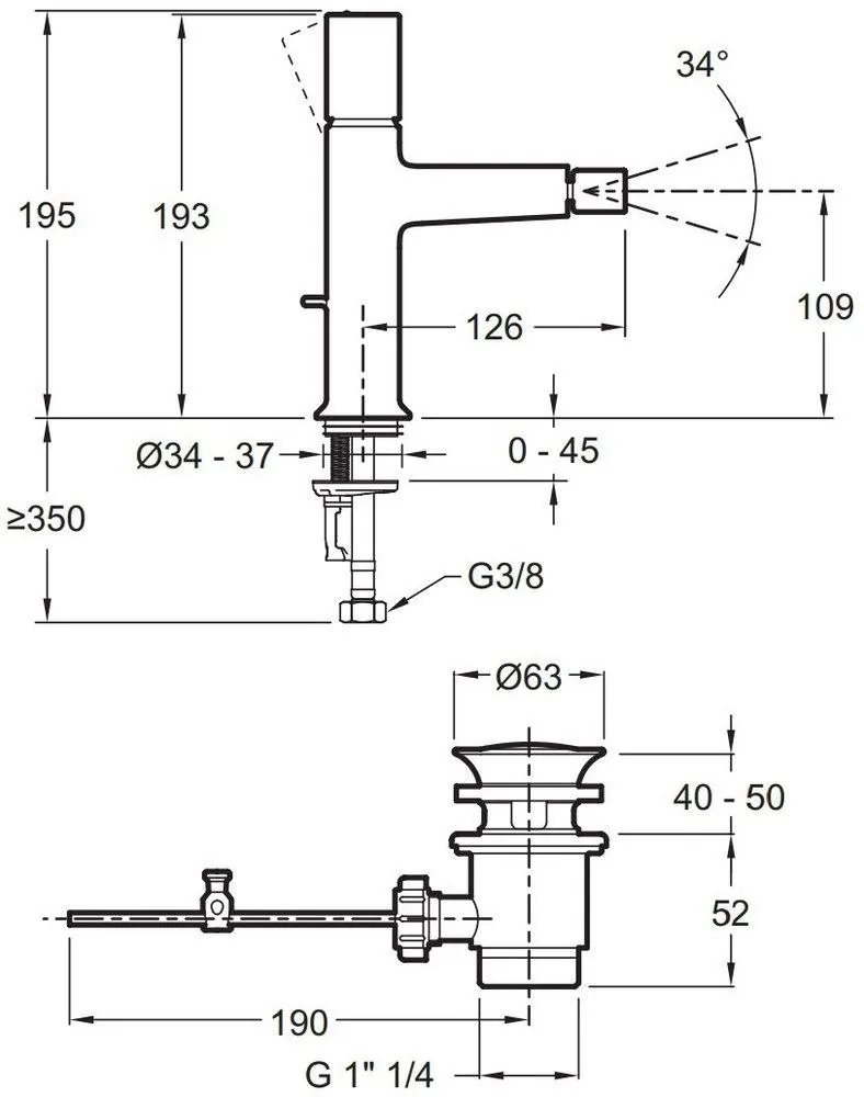 Габаритная схема Смеситель Jacob Delafon Rivoli E24167-CP для биде