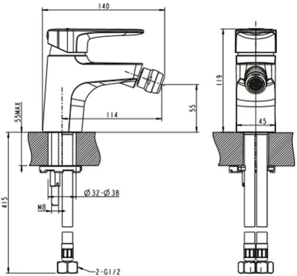 Габаритная схема Смеситель Bravat Eler F3239218CP-1-RUS для биде