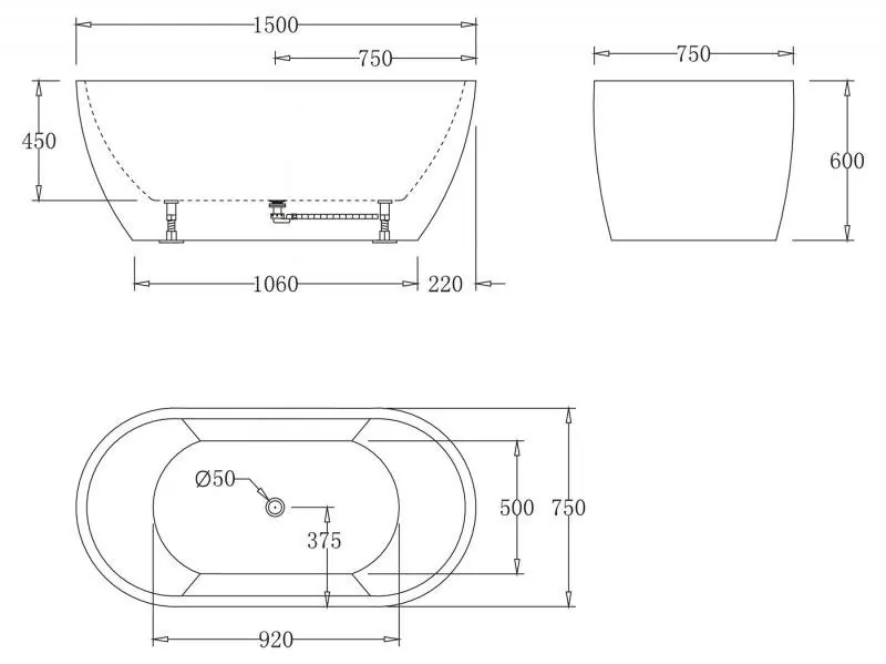 Габаритная схема Акриловая ванна BelBagno BB70-1500-W0 150х75