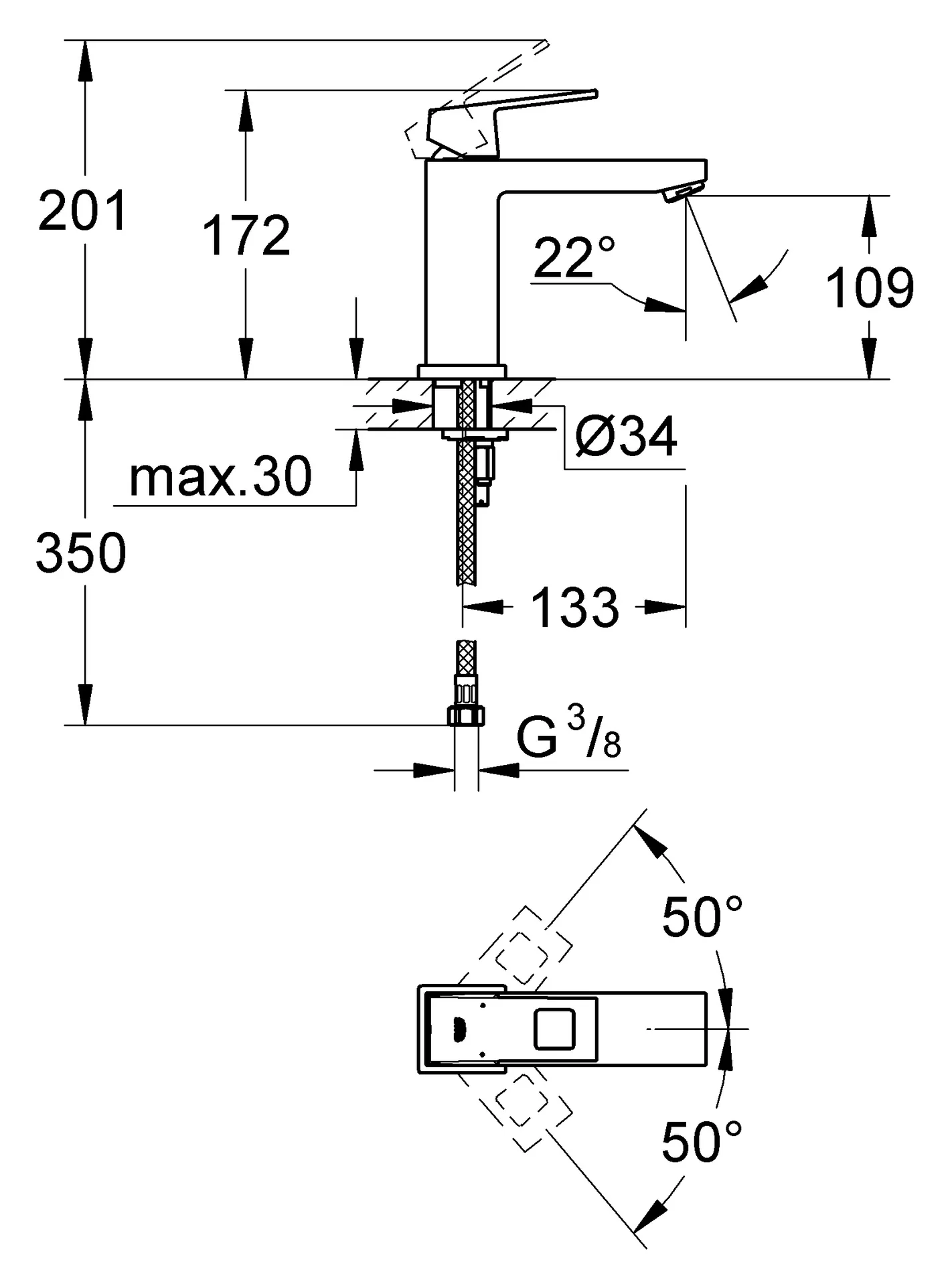 Габаритная схема Смеситель Grohe Eurocube 23446000 для раковины