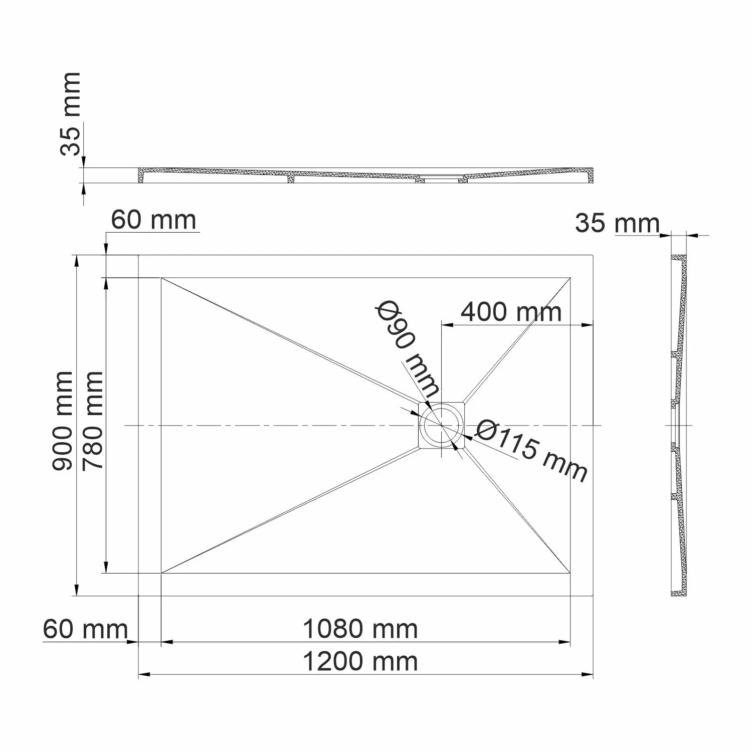 Габаритная схема Поддон для душа Wasserkraft Aller 10T07 120x90