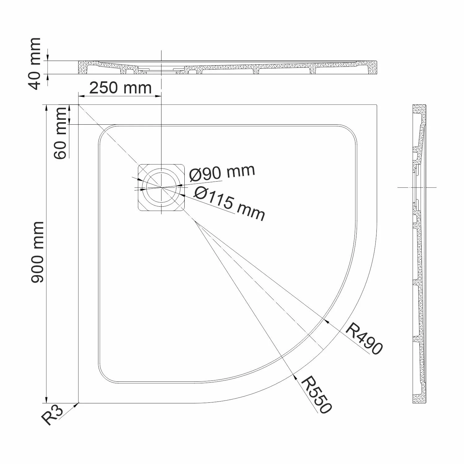 Габаритная схема Поддон для душа Wasserkraft Dinkel 58T01 90x90