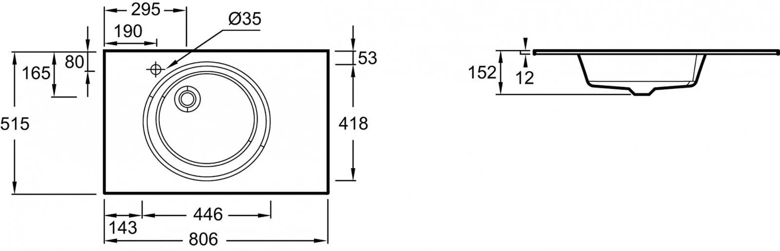 Габаритная схема Раковина Jacob Delafon Odeon Rive Gauche EB2562-DE1 80 см
