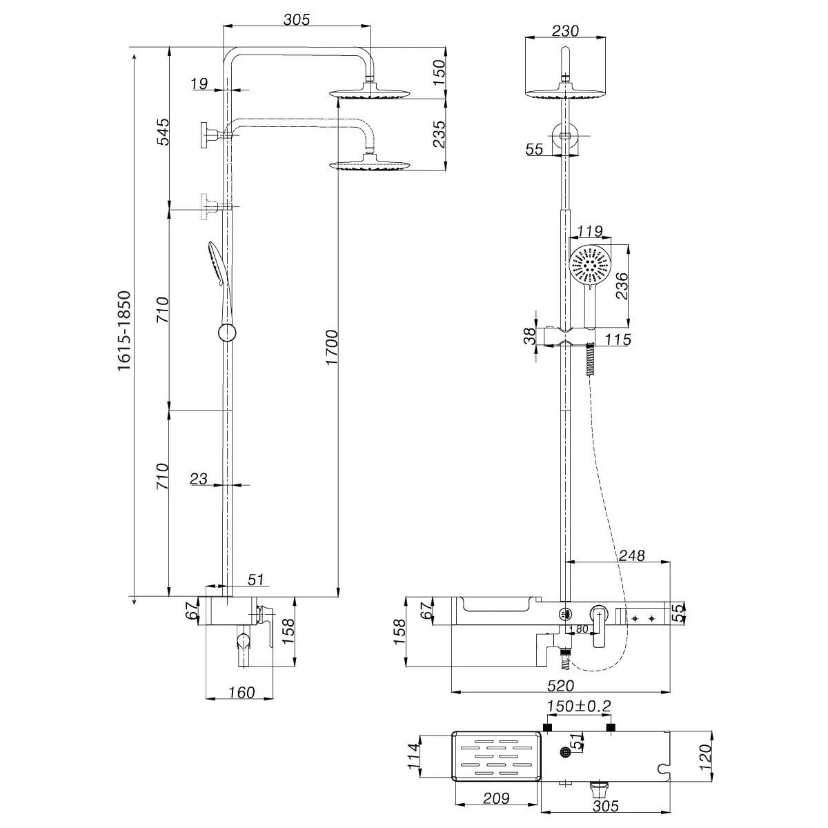Габаритная схема Душевая стойка Lemark Tropic LM7007С