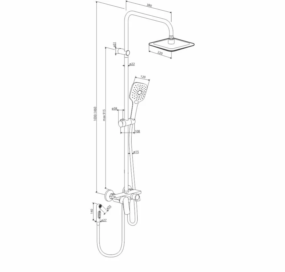 Габаритная схема Душевая стойка Damixa Apollo DX220920000