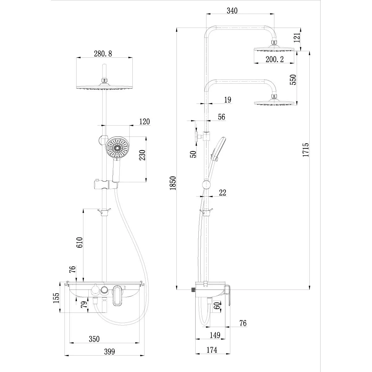 Габаритная схема Душевая стойка Lemark Tropic LM7012C