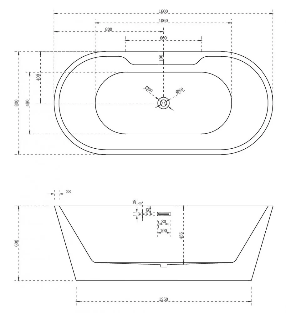 Габаритная схема Акриловая ванна Abber AB9299-1.6 160х80