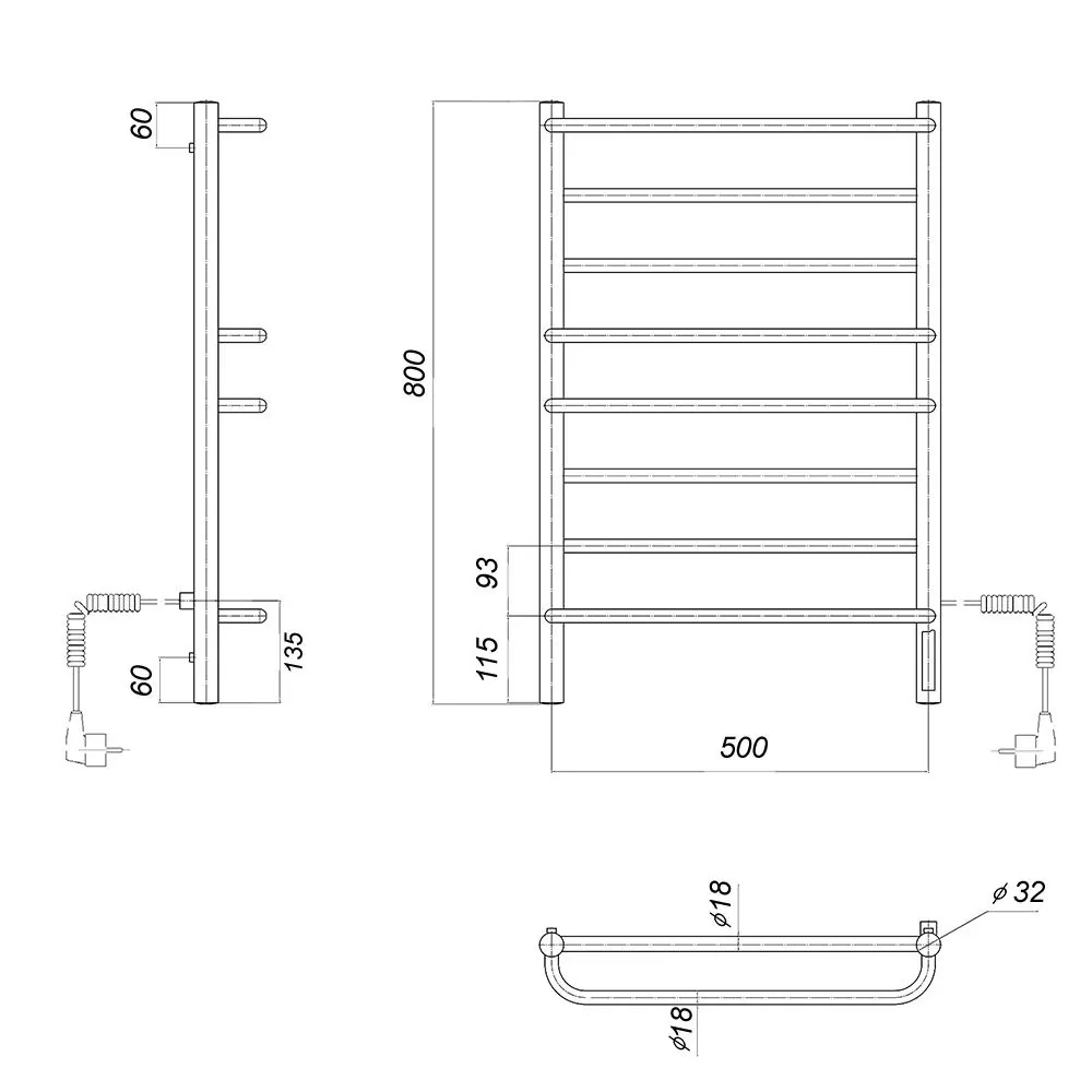 Габаритная схема Полотенцесушитель электрический Domoterm Орфей П8 50x80 R