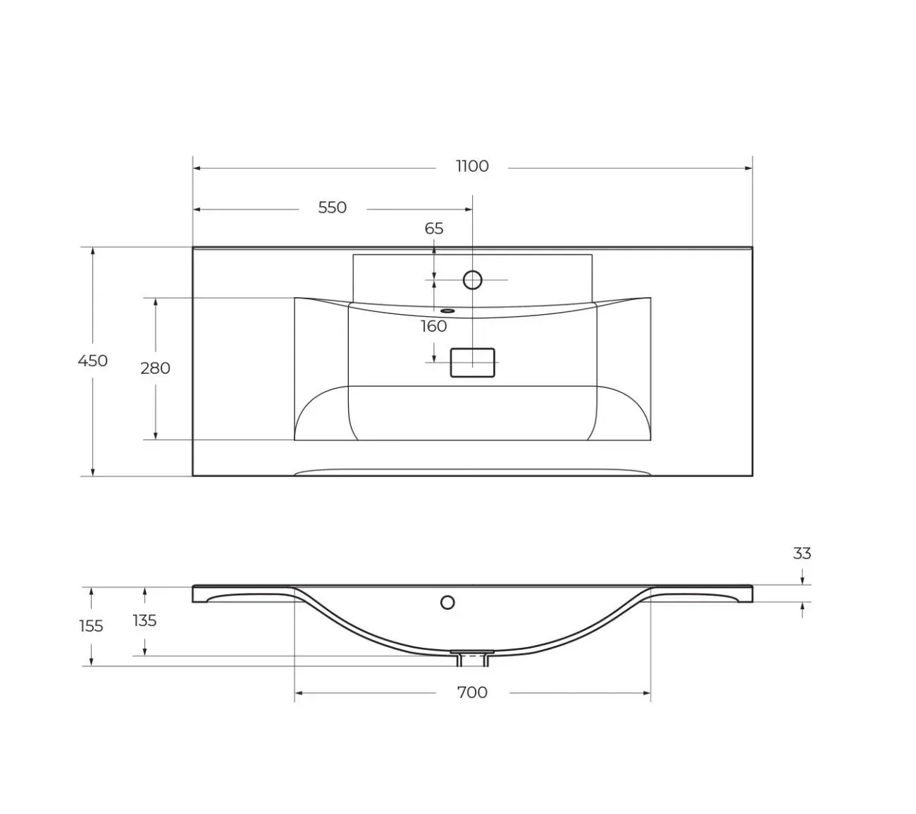 Габаритная схема Мебельная раковина BelBagno BB1100/450-LV-MR-PR 110 см