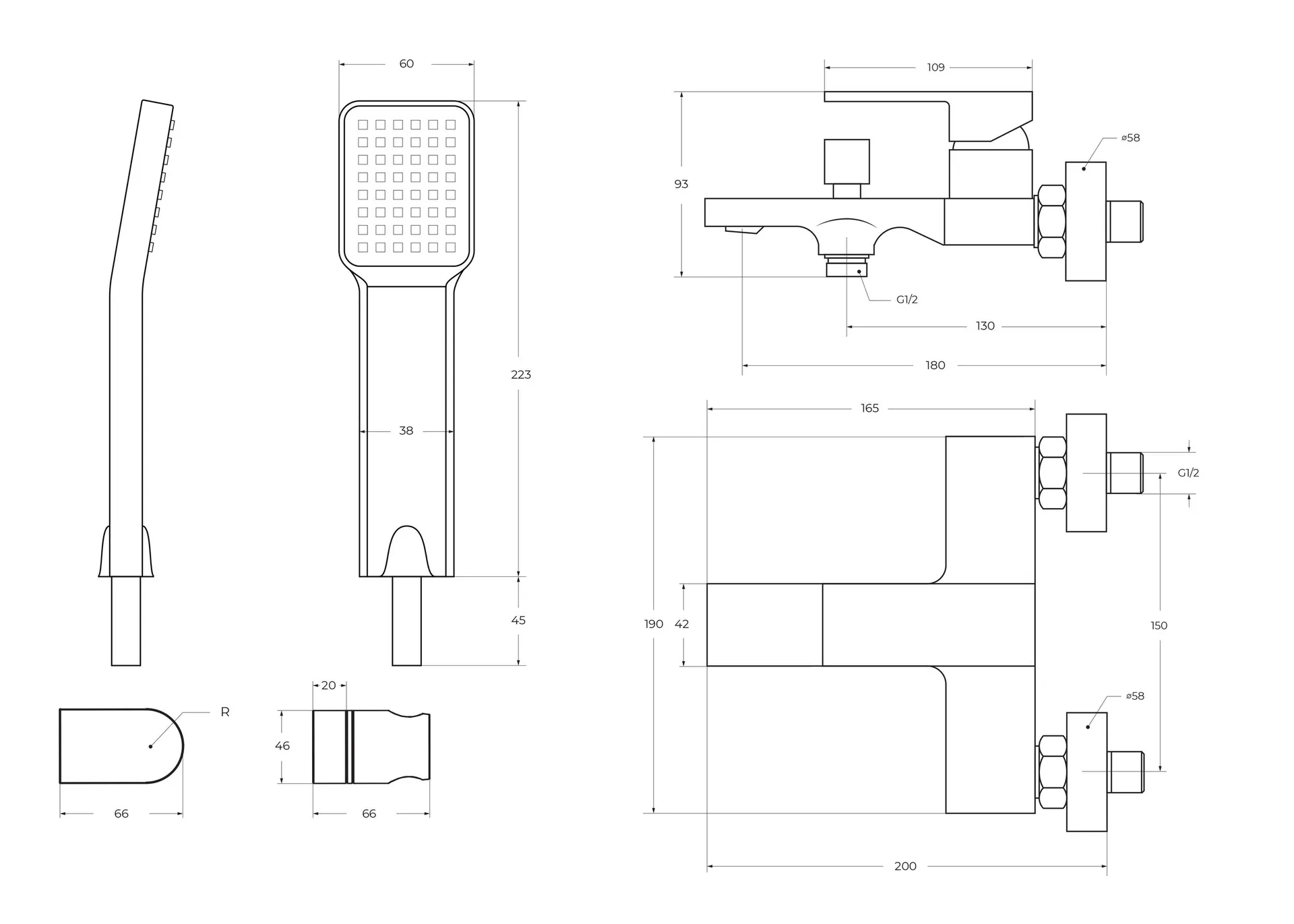 Габаритная схема Смеситель BelBagno Romano ROM-VASM-CRM для ванны с душем