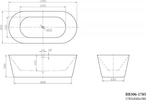 Габаритная схема Акриловая ванна BelBagno BB306-1785 180х85