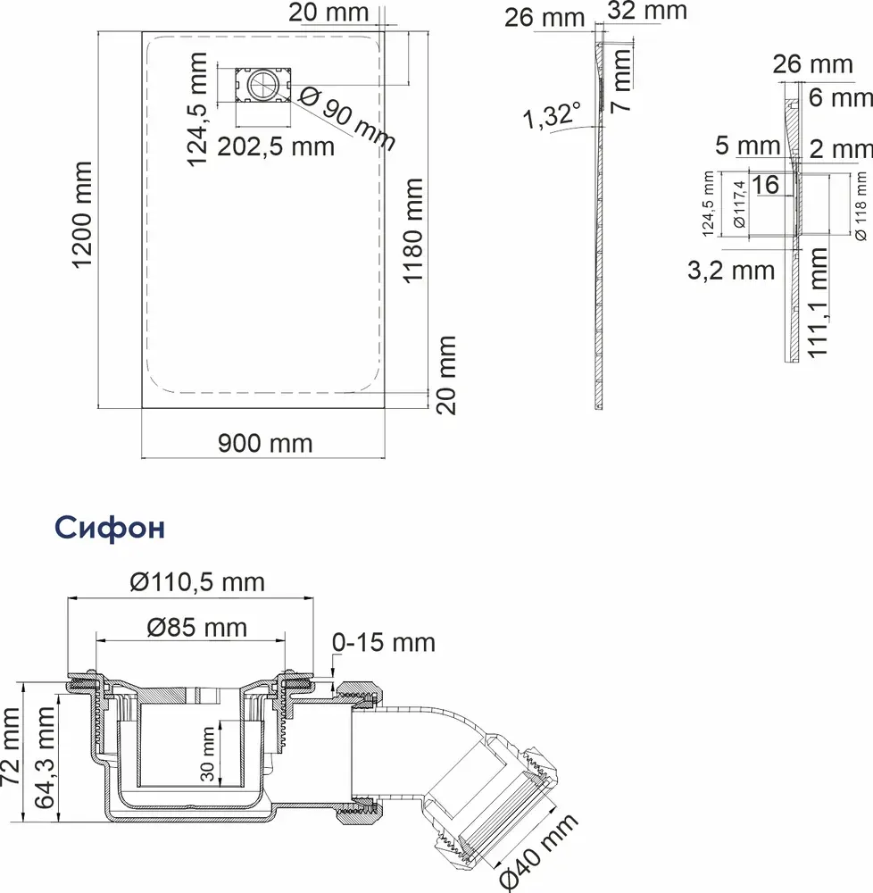 Габаритная схема Поддон для душа Wasserkraft Main 41T07 120x90 см