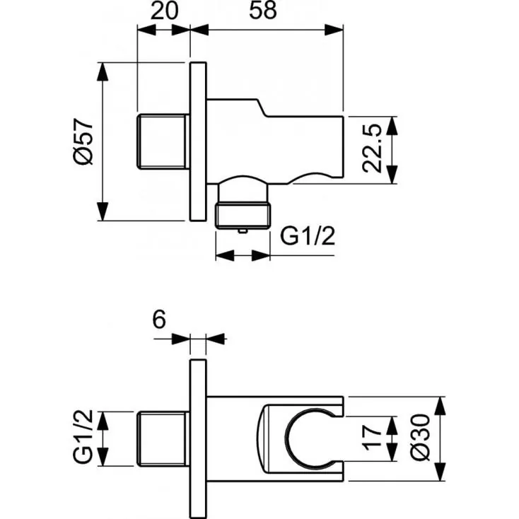Габаритная схема Шланговое подключение Ideal Standard IdealRain BC807XG держатель для душа