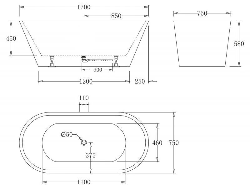 Габаритная схема Акриловая ванна BelBagno BB61-1700-W0 170х75
