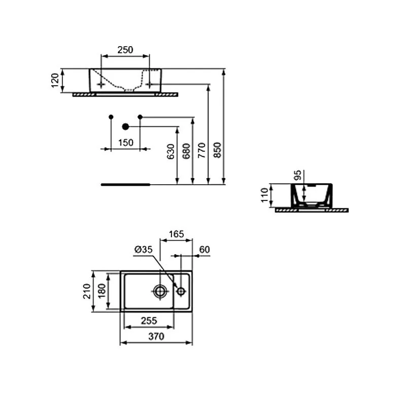 Габаритная схема Раковина Ideal Standard Tempo E210901 35 см