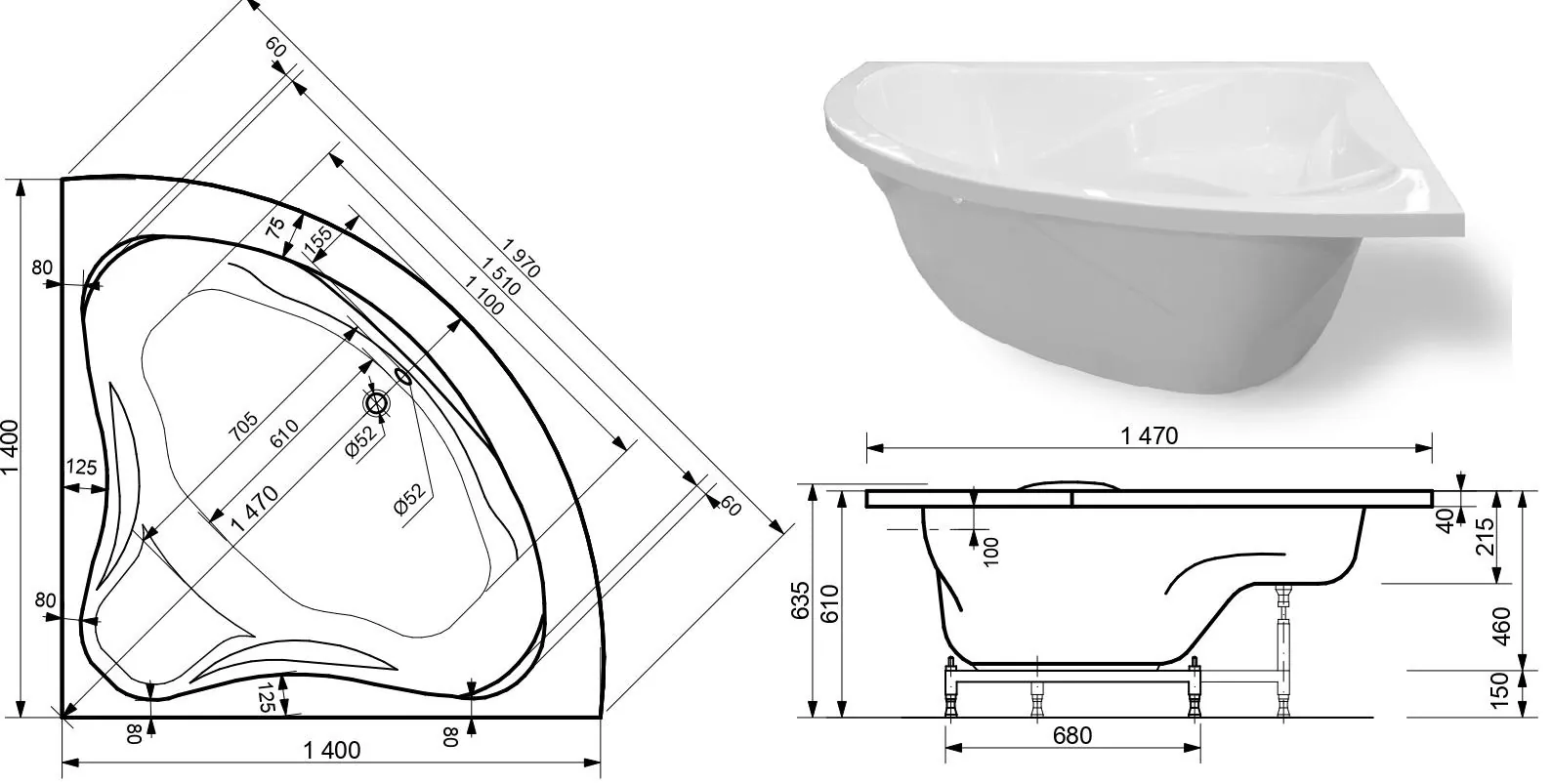 Габаритная схема Ванна из искусственного камня Эстет Аврора 140x140 ФР-00002601