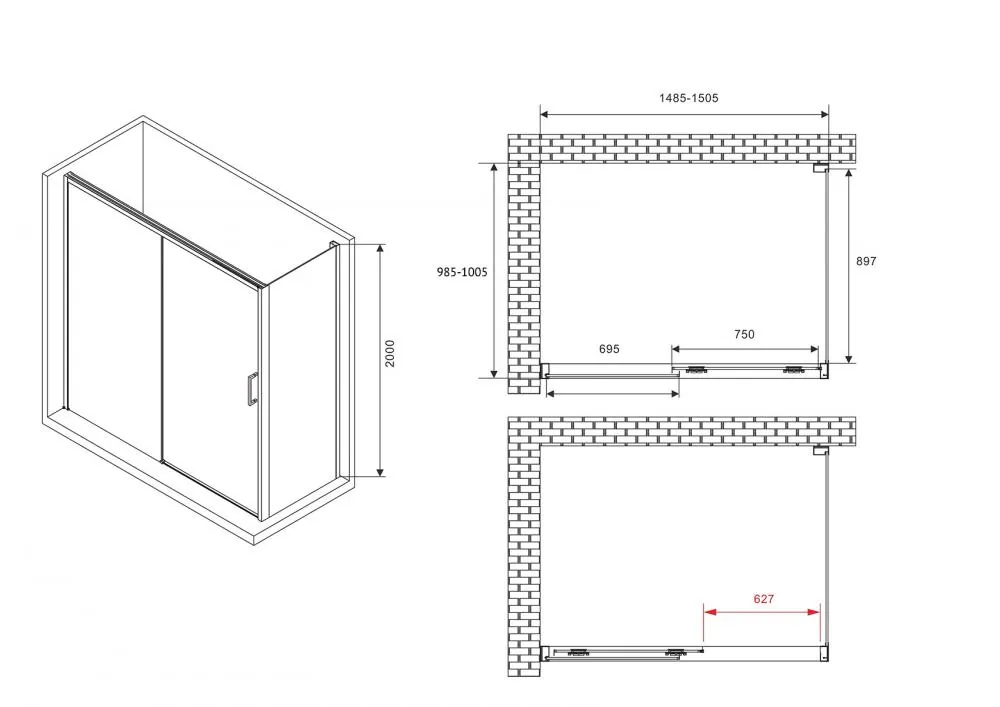 Габаритная схема Душевой уголок Abber Komfort AG93150-S102 150x100