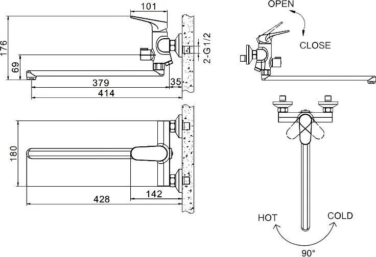 Габаритная схема Душевой комплект Bravat Eler F00449CP 2 в 1