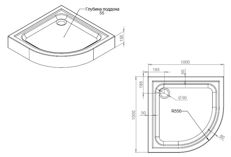 Габаритная схема Поддон для душа Am.Pm Gem W90T-401-100W