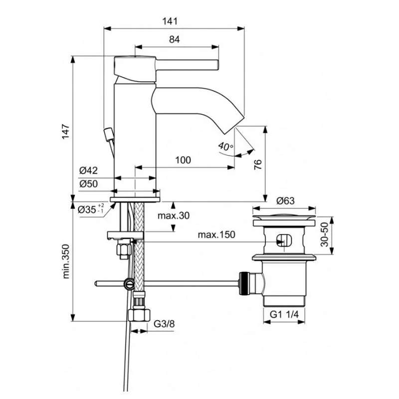 Габаритная схема Смеситель Ideal Standard Ceraline BC203U5 для раковины, белый матовый