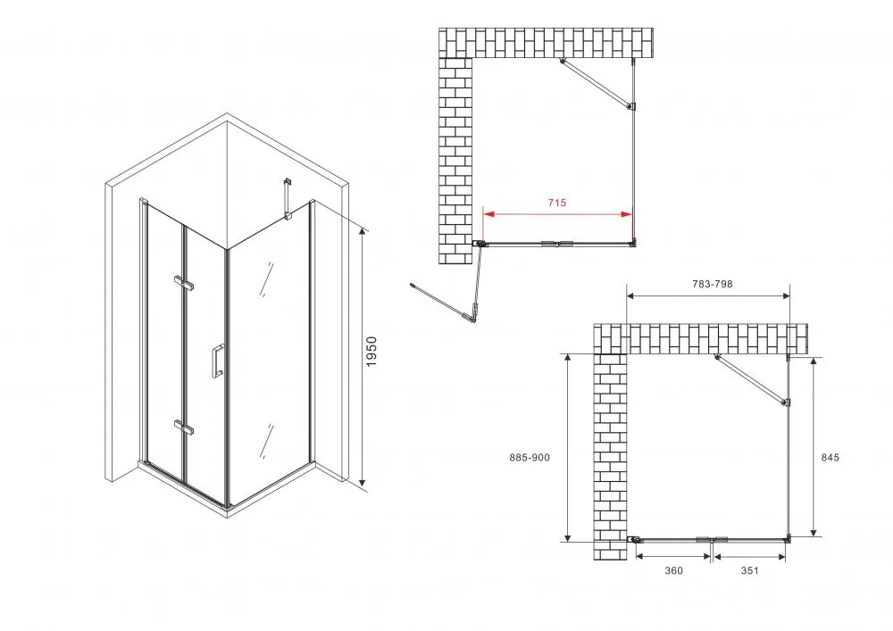 Габаритная схема Душевой уголок Abber Zart AG08080P-S91 90x80