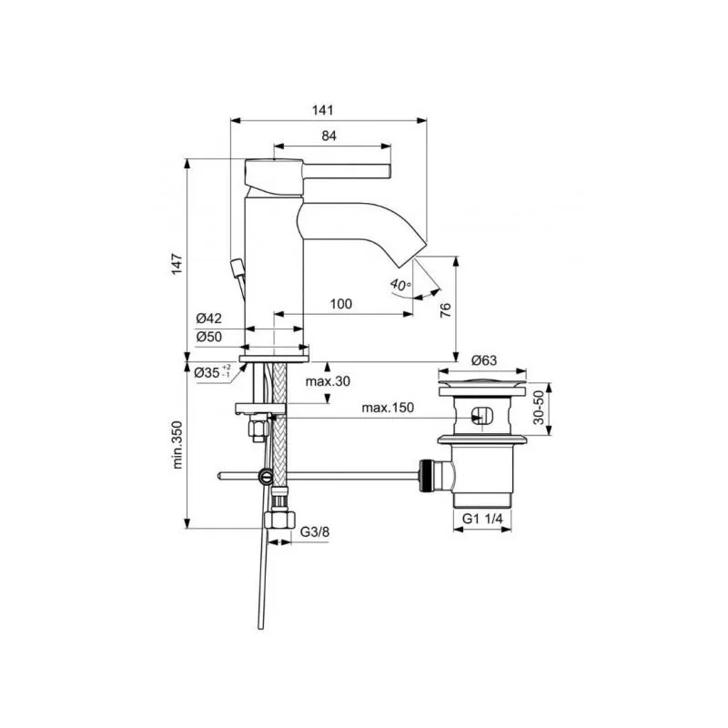 Габаритная схема Смеситель Ideal Standard Kolva BC666U5 для раковины